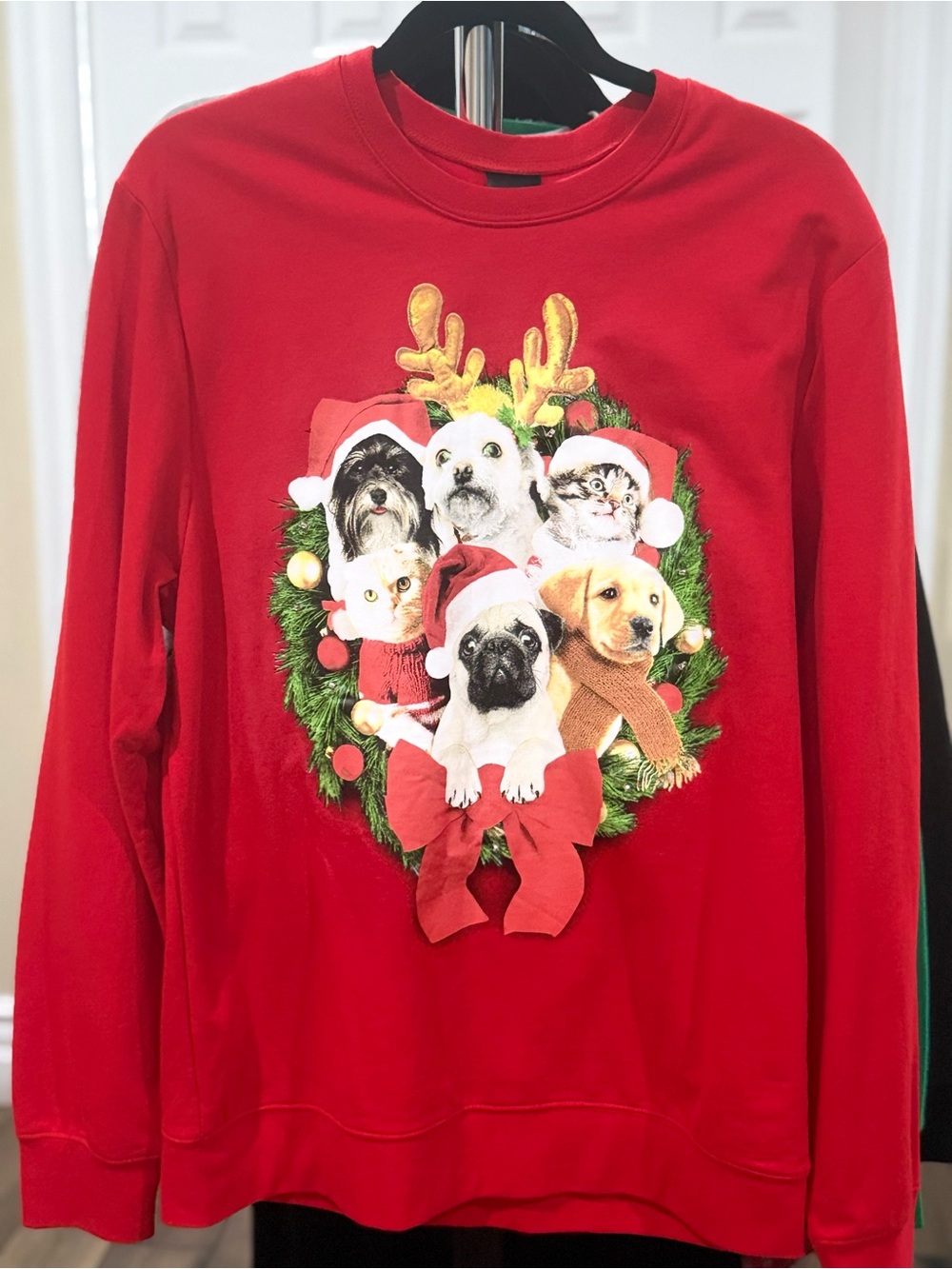 Fifth Sun Red Holiday Sweatshirt with Festive Puppies Wreath